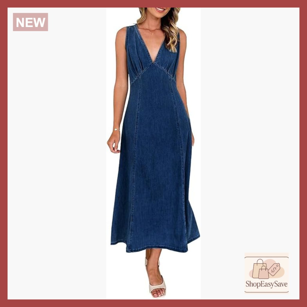 Denim Maxi Dress Sleeveless V Neck High Waist A Line Casual Chic Summer
